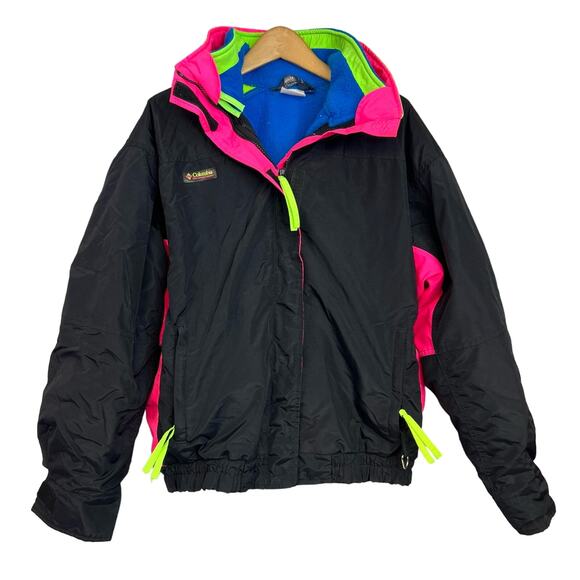 Columbia Vintage Ski Jacket 90s Large Neon Bugaboo Double Layer Coat Black Pink - Picture 1 of 8